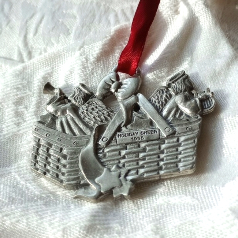 1996 Longaberger pewter basket double-sided 2in Christmas ornament